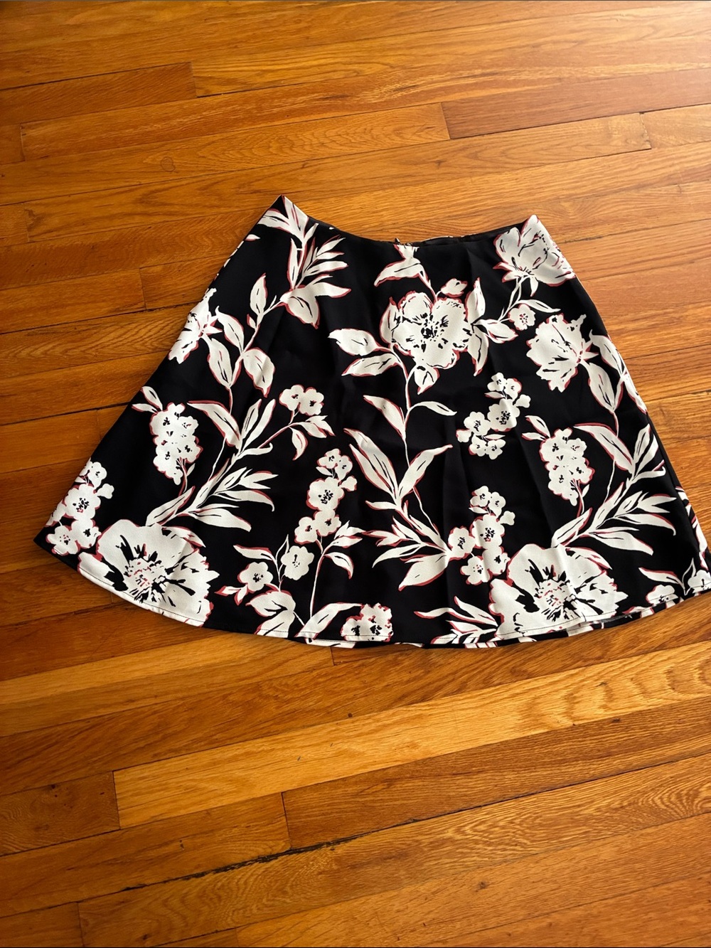 White House Black Market Black Floral Circle Skirt with White and Pink Accents